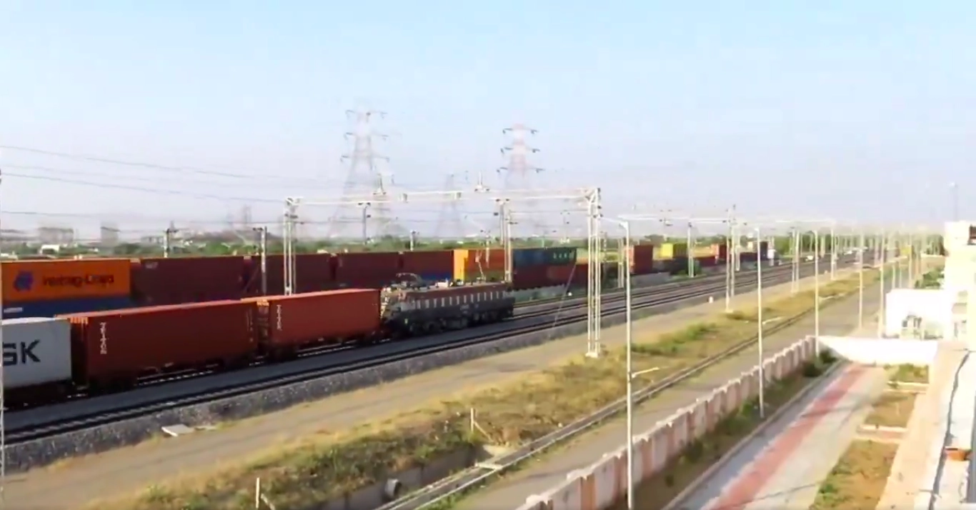 Three double decker freight train